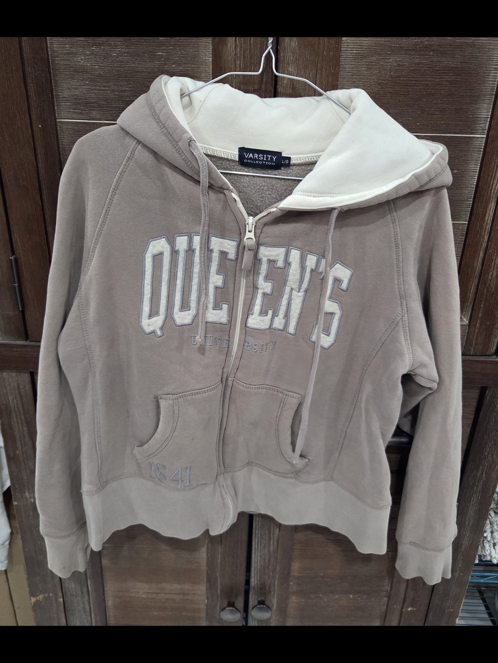 Varsity Taupe and Cream "QUEEN'S" Zip-Up Hoodie Jacket Large